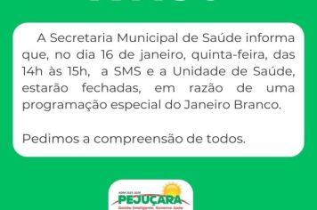 Aviso de funcionamento da Secretaria Municipal de Saúde