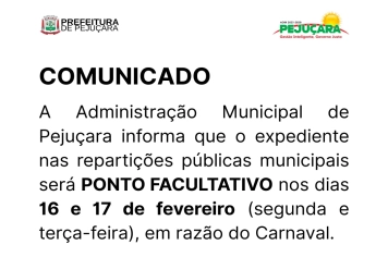 COMUNICADO: Ponto facultativo no feriado de Carnaval