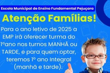 Escola Municipal Pejuçara oferecerá novamente 1º ano turno integral para o próximo ano