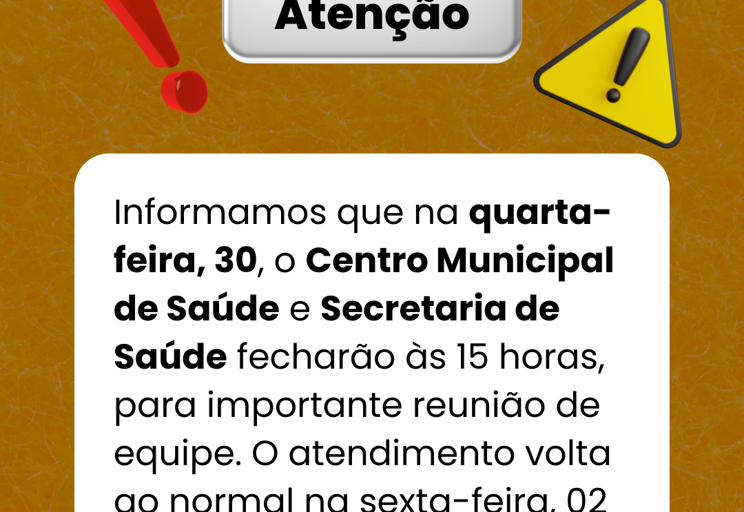 Centro Municipal de Saúde e Secretaria de Saúde terão atendimento interrompido nesta quarta-feira, 30