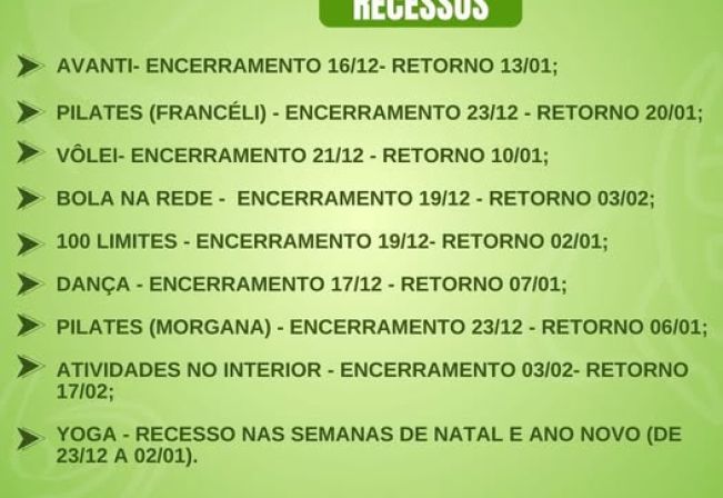 Atenção aos recessos das atividades do Programa Cidade Ativa!