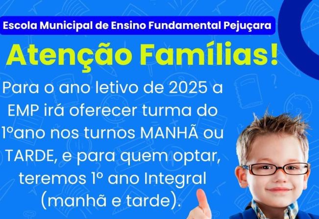 Escola Municipal Pejuçara oferecerá novamente 1º ano turno integral para o próximo ano