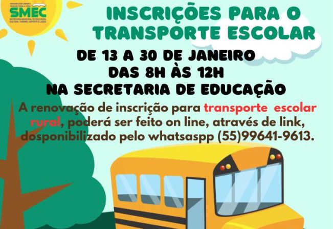 Inscrições abertas para o transporte escolar até 30 de janeiro