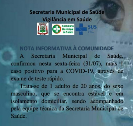 Secretaria da Saúde notifica o 20º caso de Coronavírus em Pejuçara