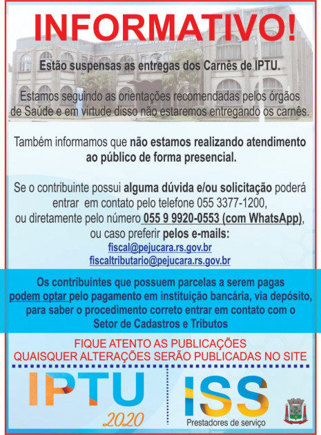 Ação preventiva ao Coronavírus suspende entrega de carnês do IPTU na prefeitura