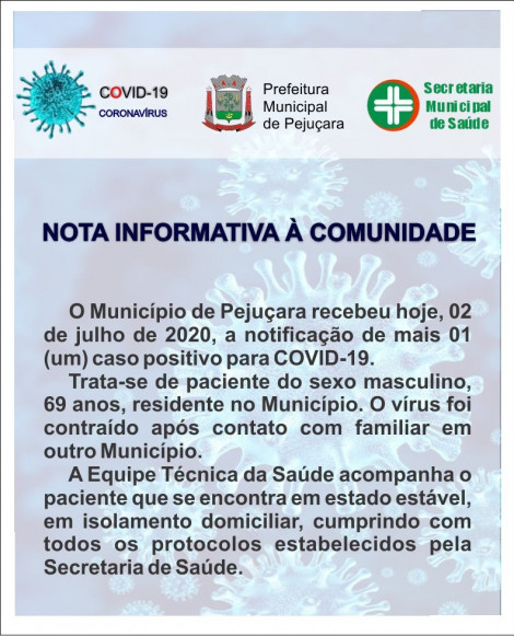 Pejuçara confirma segundo caso de Coronavírus. 